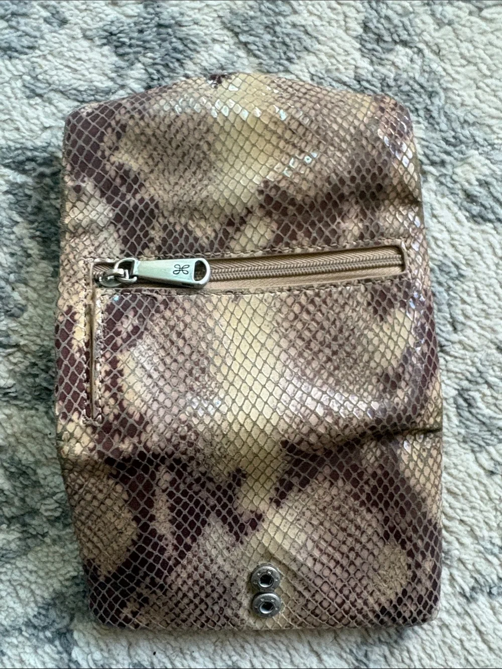 HOBO Snake-Embossed Foldover Clutch in Brown and Cream